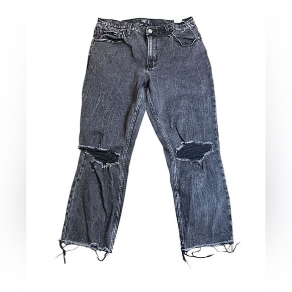 Abercrombie & Fitch Ultra High Rise Mom Jeans 32 14S Distressed Black Raw Hem - Picture 1 of 4
